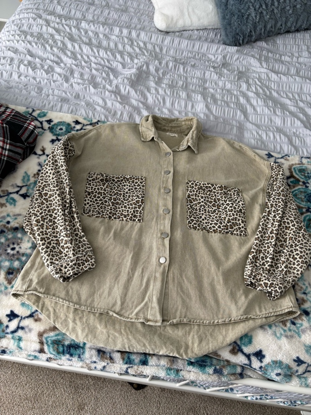 POL Beige Button-Down Shirt with Leopard Print Pockets & Sleeves